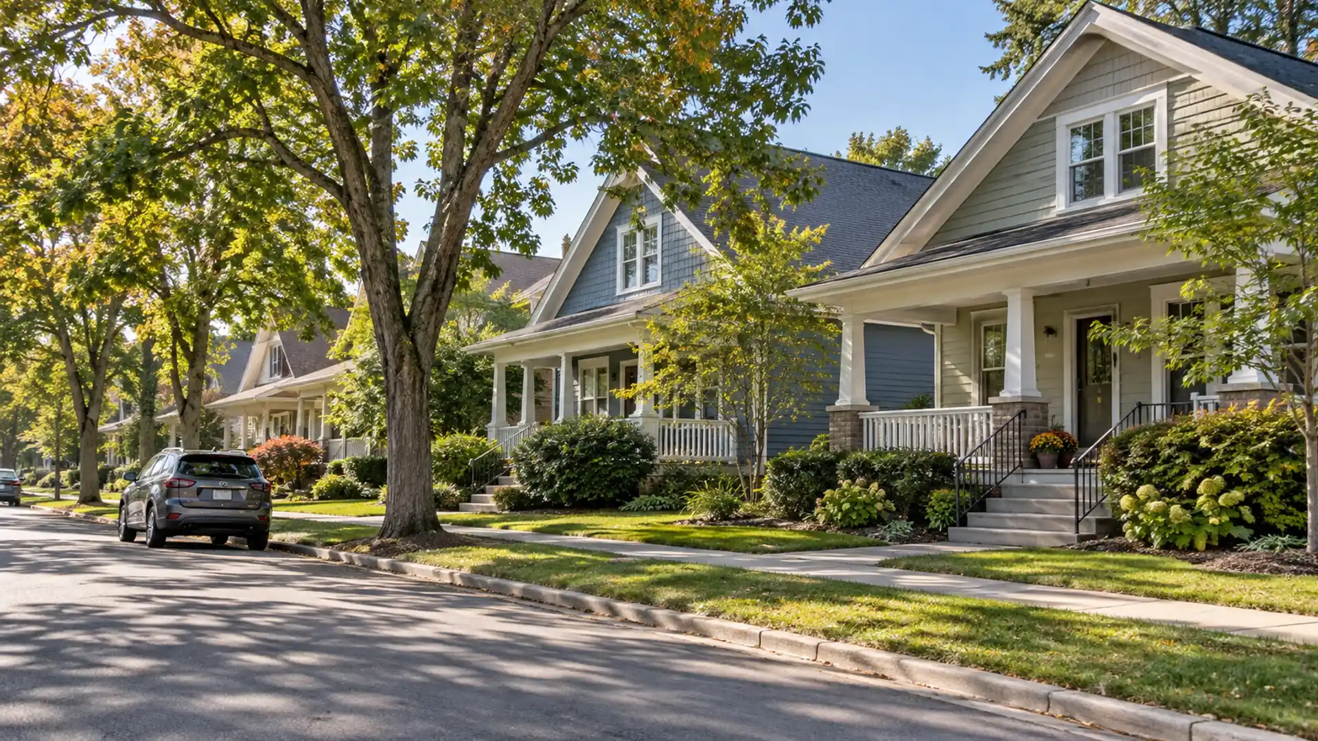 Tree-lined residential street with modest houses and a parked car