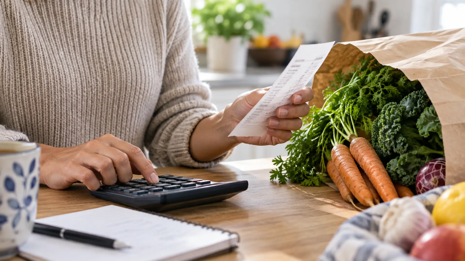 A person checking a grocery receipt with a calculator beside fresh vegetables
