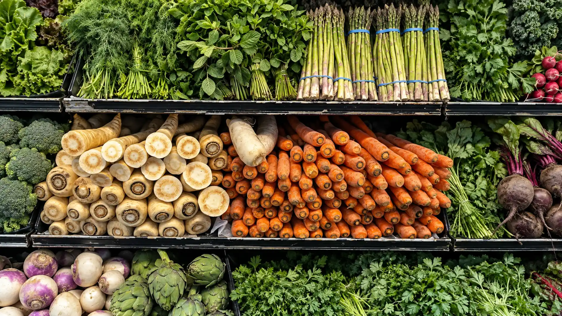 Carrots, parsnips, asparagus and herbs in grocery-store produce bins