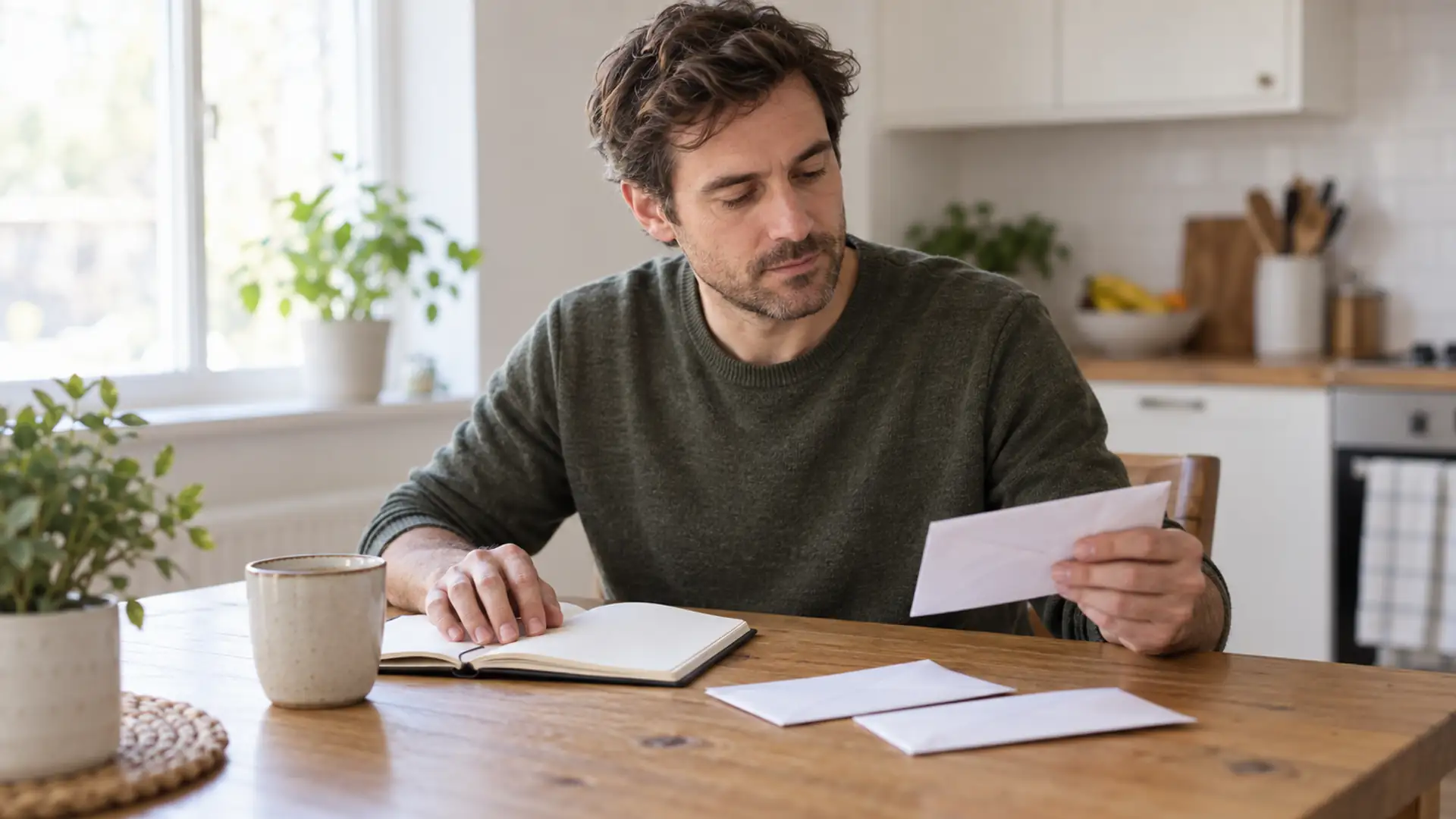 A man sorting envelopes beside an open notebook at a kitchen table