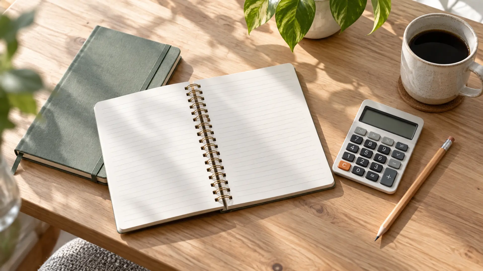 Two notebooks beside a calculator and pencil on a wooden desk