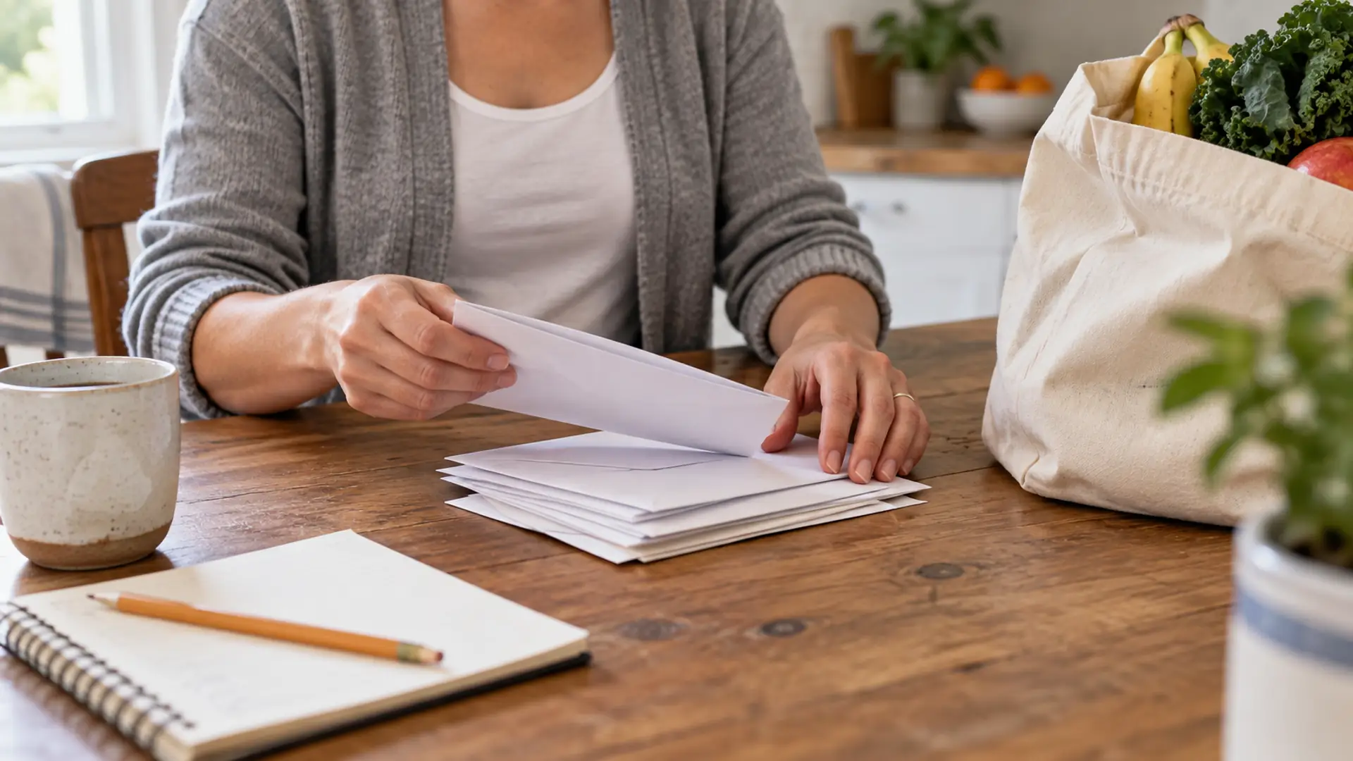 A person sorting envelopes beside a bag of groceries