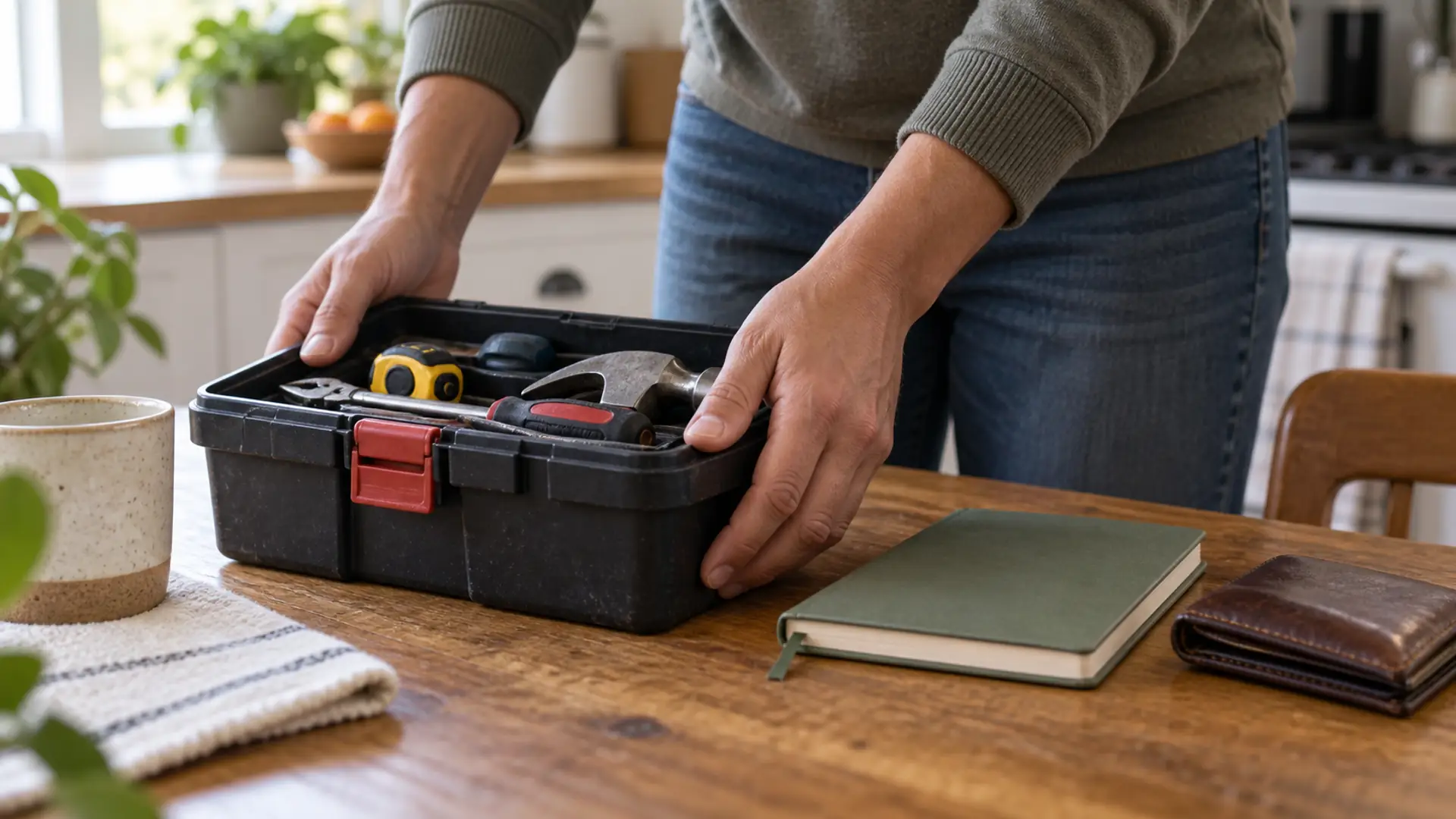 A person placing a toolbox beside a closed notebook and wallet