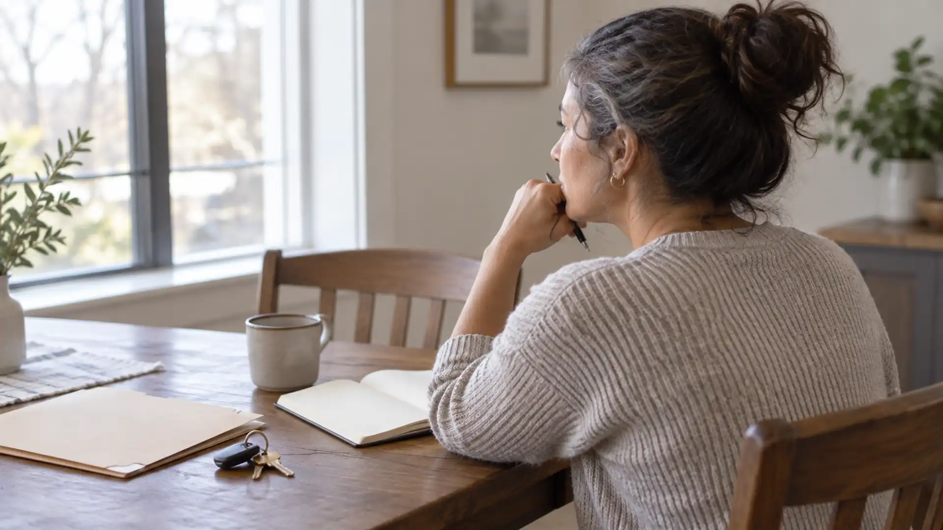 A woman considering her plans beside a notebook, folder and keys at a table