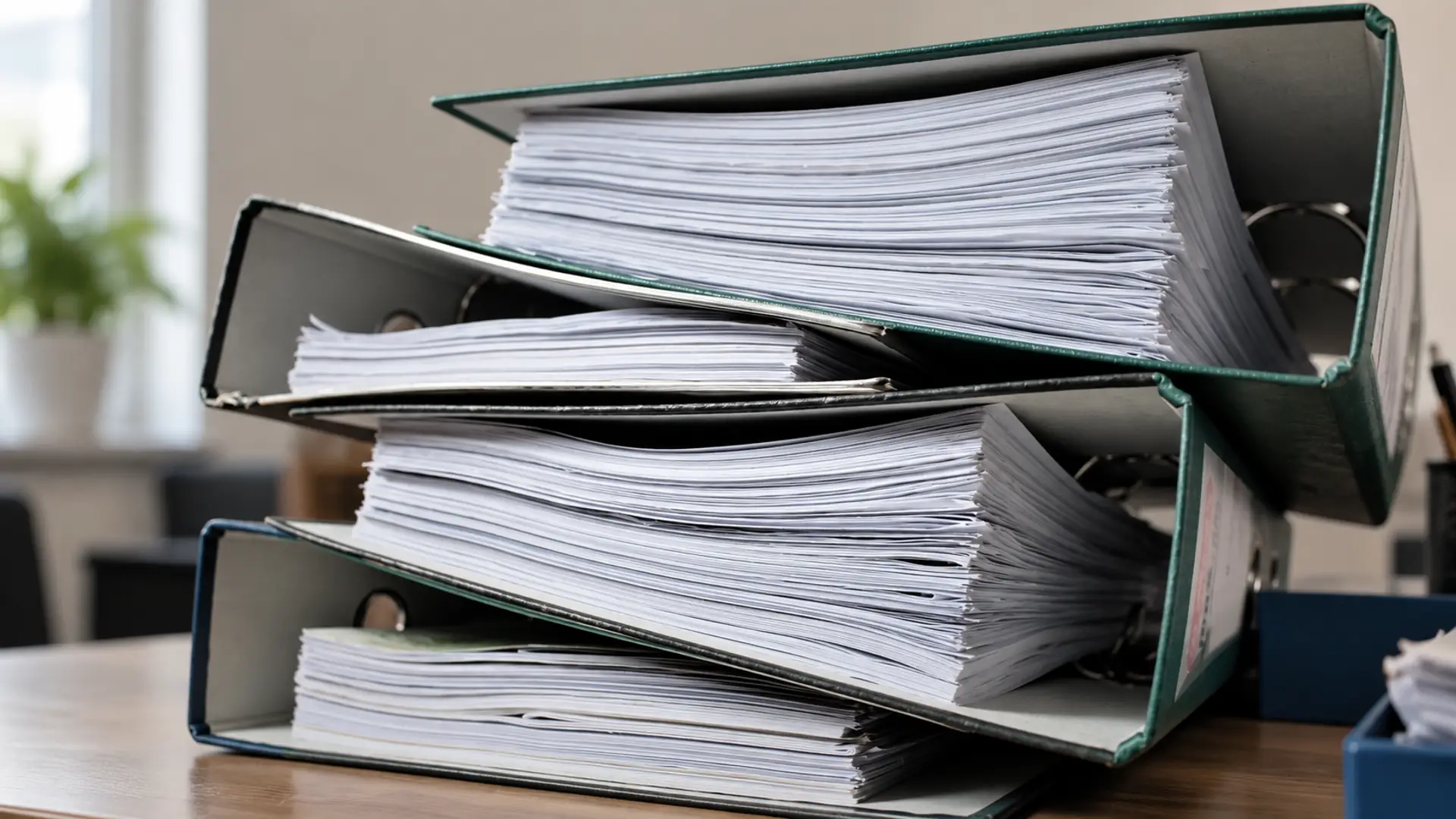 Worn ring binders and uneven stacks of paper on a shelf