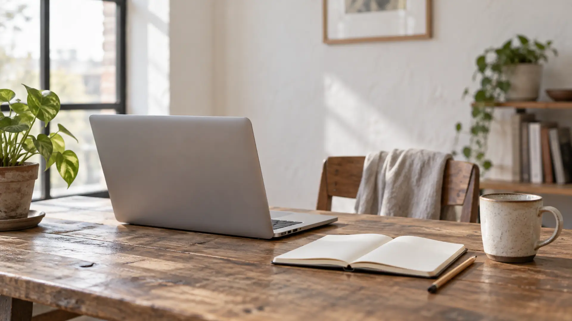 A laptop, open notebook, pencil and mug on a wooden table by a window