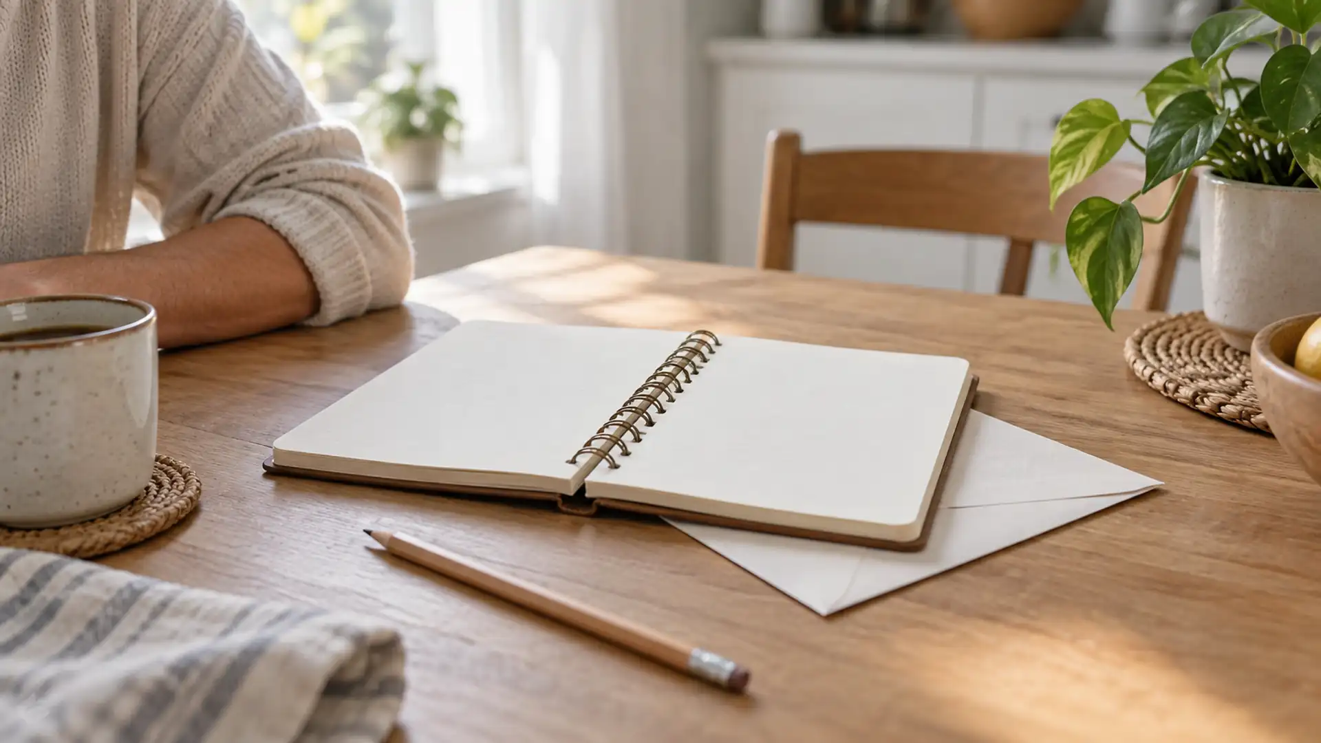 An open ring-bound notebook, envelope and pencil on a kitchen table