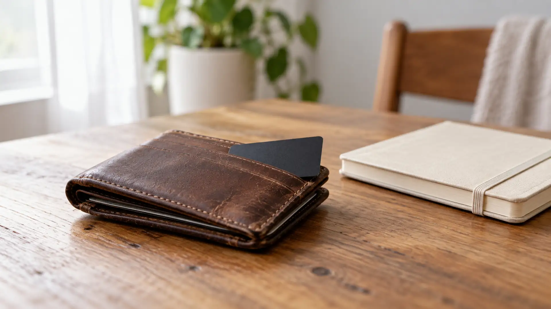 A plain payment card in a worn brown wallet beside a closed notebook