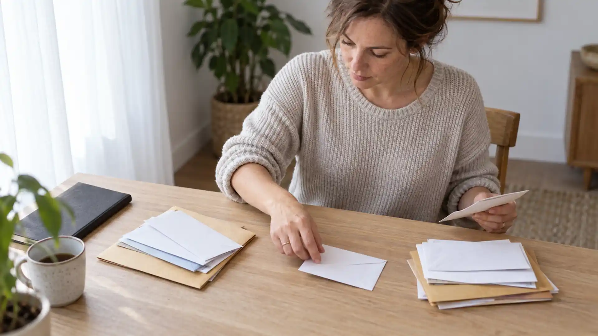 A woman separating household envelopes and folders into two piles