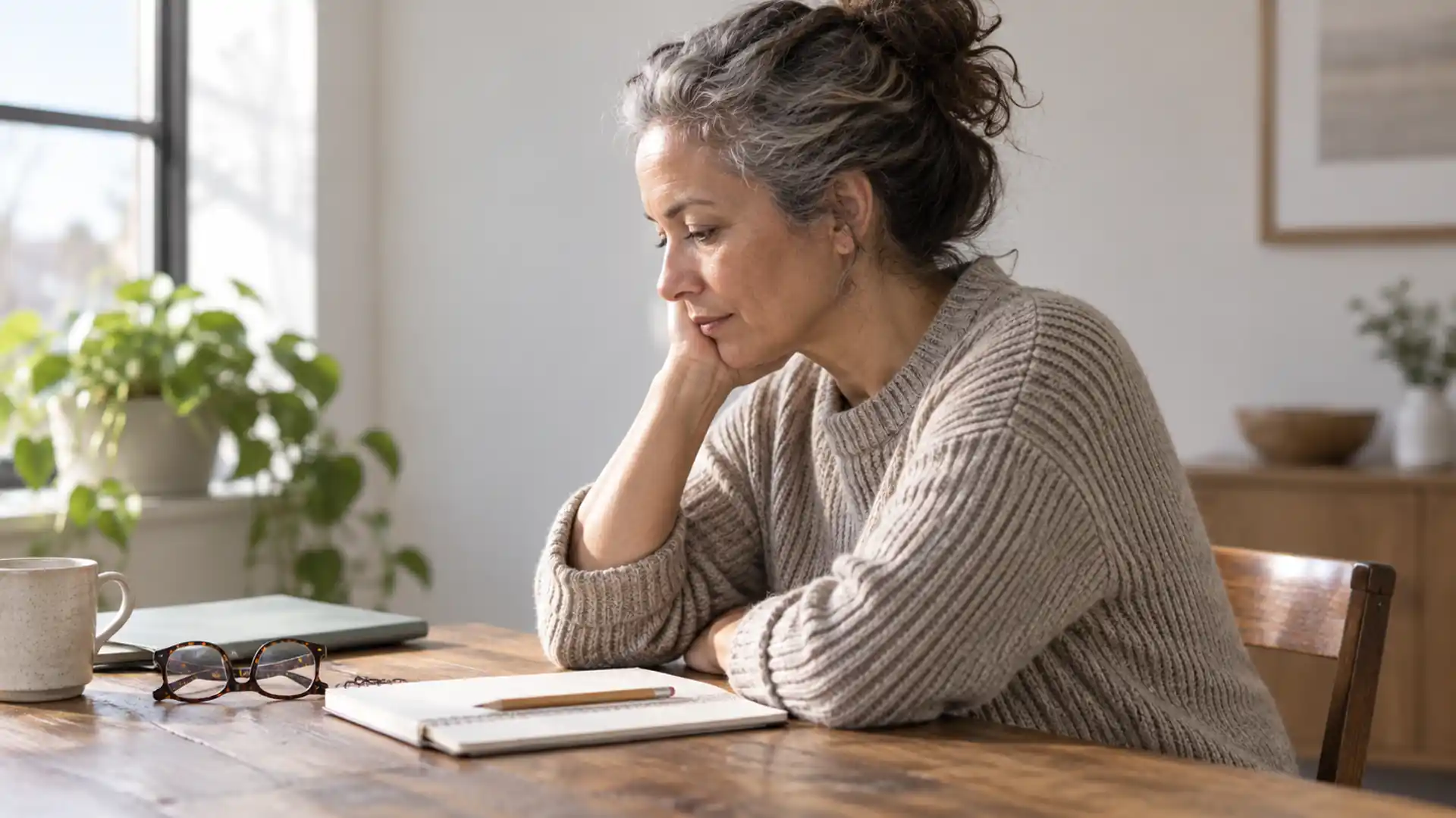 A woman pausing over a notebook with reading glasses and a folder nearby