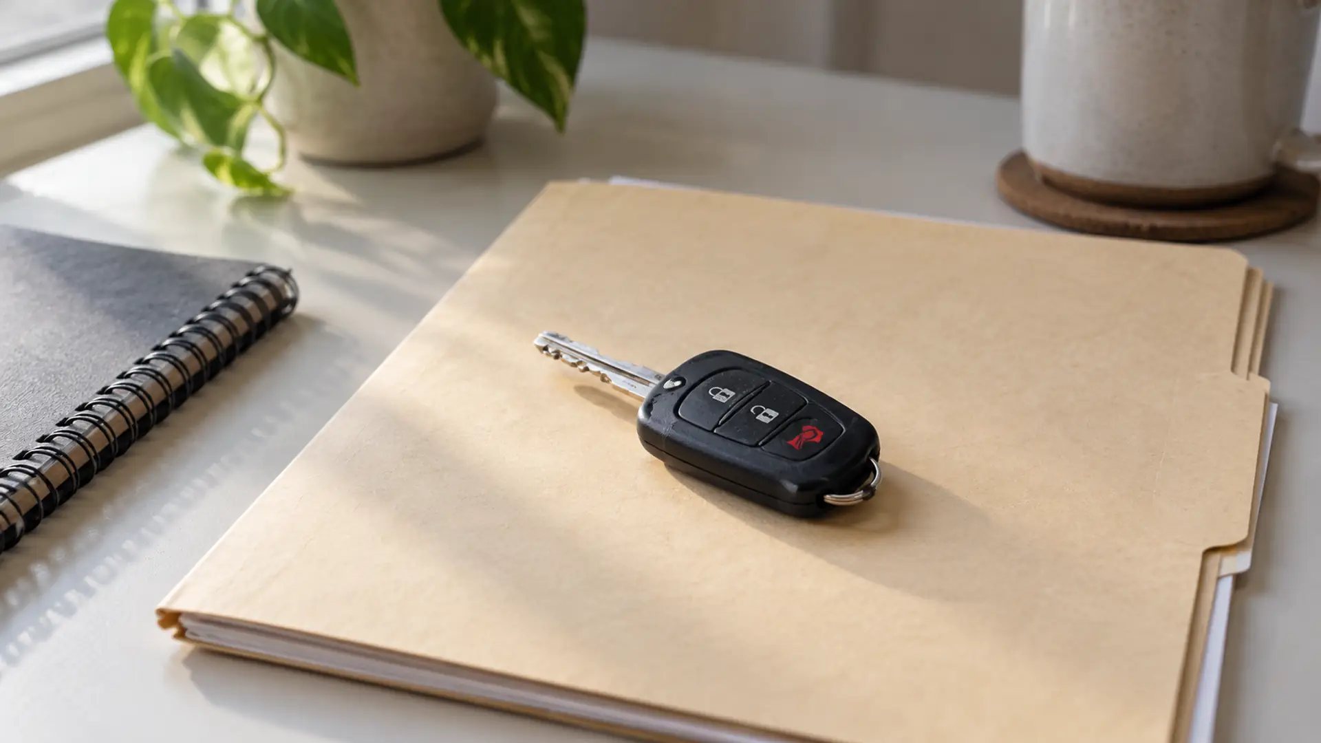 A car key resting on a plain folder beside a notebook